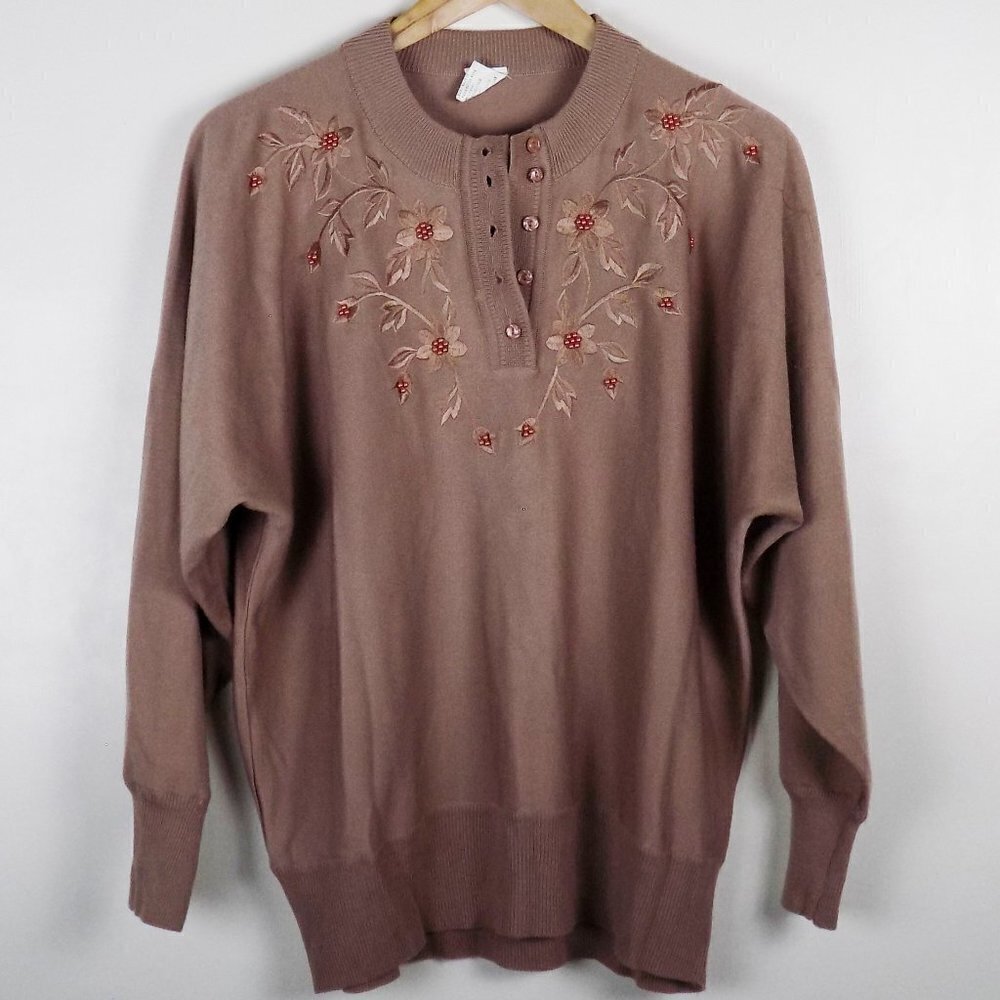 vintage henley sweater with embroidery and beads